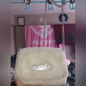White furry Playboy crossbody handbag